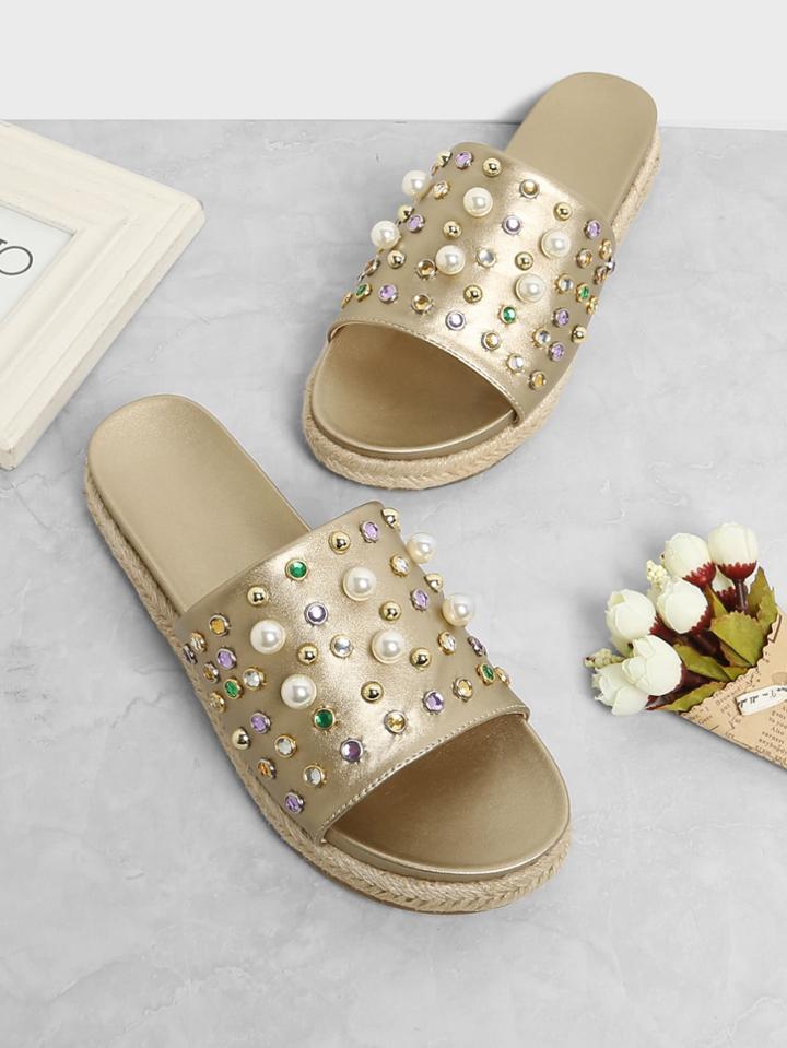 Romwe Rhinestone Design Flatform Sandals