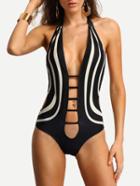 Romwe Contrast Panel Plunge Ladder-cutout Neck Swimwear