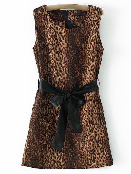 Romwe Leopard Sleeveless Zipper Dress With Belt