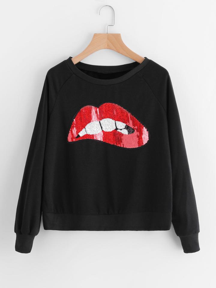 Romwe Sequin Lip Patch Raglan Sleeve Sweatshirt