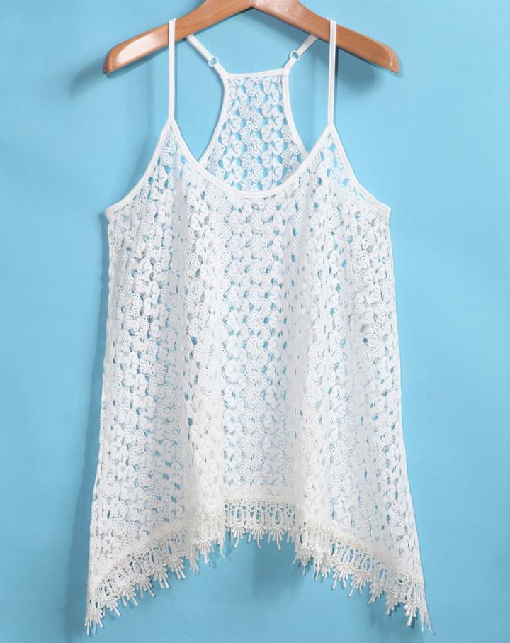 Romwe Y-back With Tassel Floral Crochet White Vest