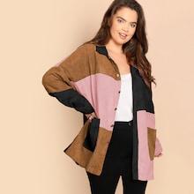 Romwe Plus Buttoned Cut-and-sew Pocket Patched Cord Jacket