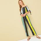Romwe Knot Cuff Off The Shoulder Striped Blouse