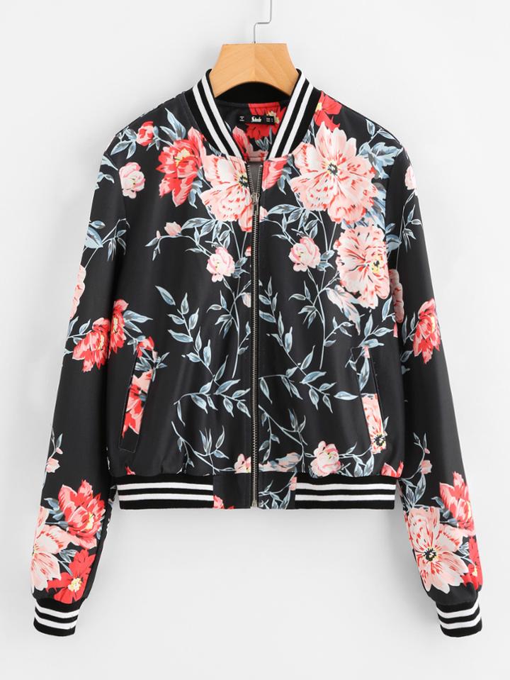 Romwe Striped Trim Botanical Bomber Jacket