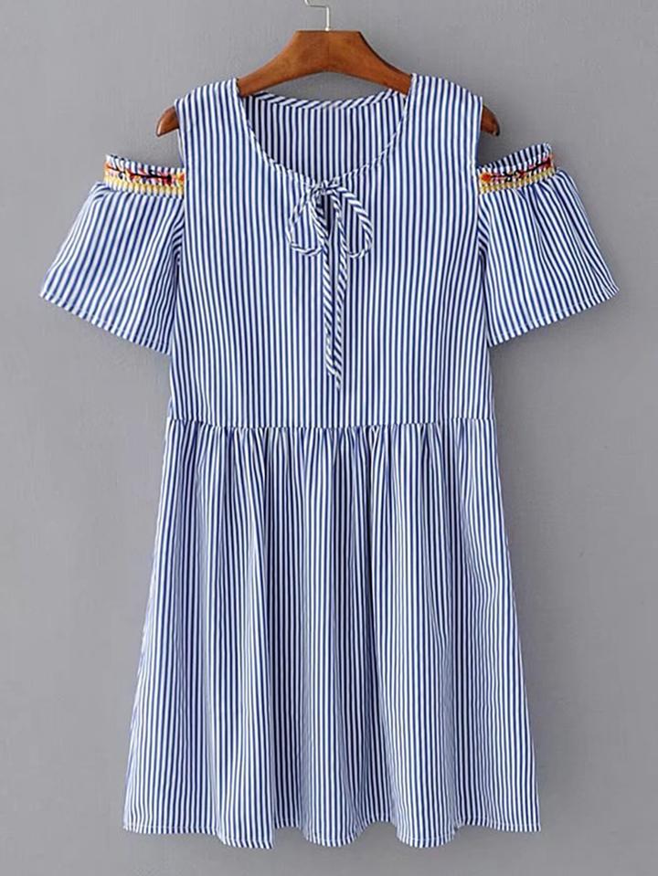 Romwe Open Shoulder Lace Up Detail Embroidered Dress