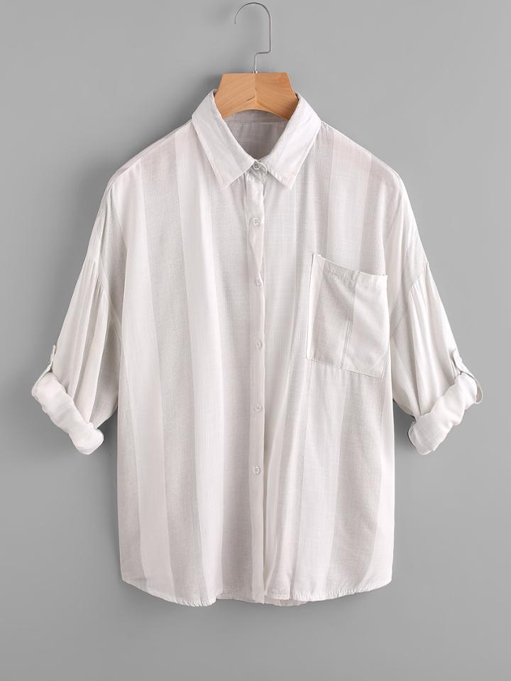 Romwe Rolled Sleeve Wide Stripe Shirt With Chest Pocket