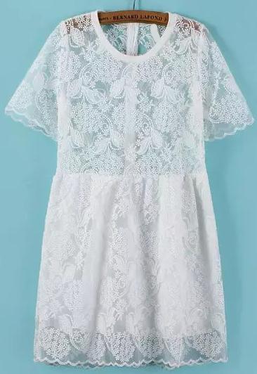 Romwe Short Sleeve Lace Crochet Flare Dress