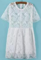 Romwe Short Sleeve Lace Crochet Flare Dress