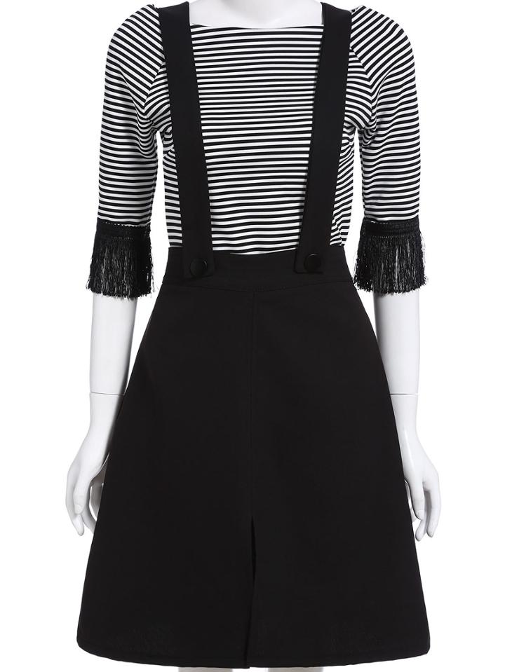 Romwe Black White Striped Tassel Top With Strap Skirt