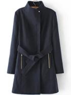 Romwe Stand Collar Classic Long Navy Coat
