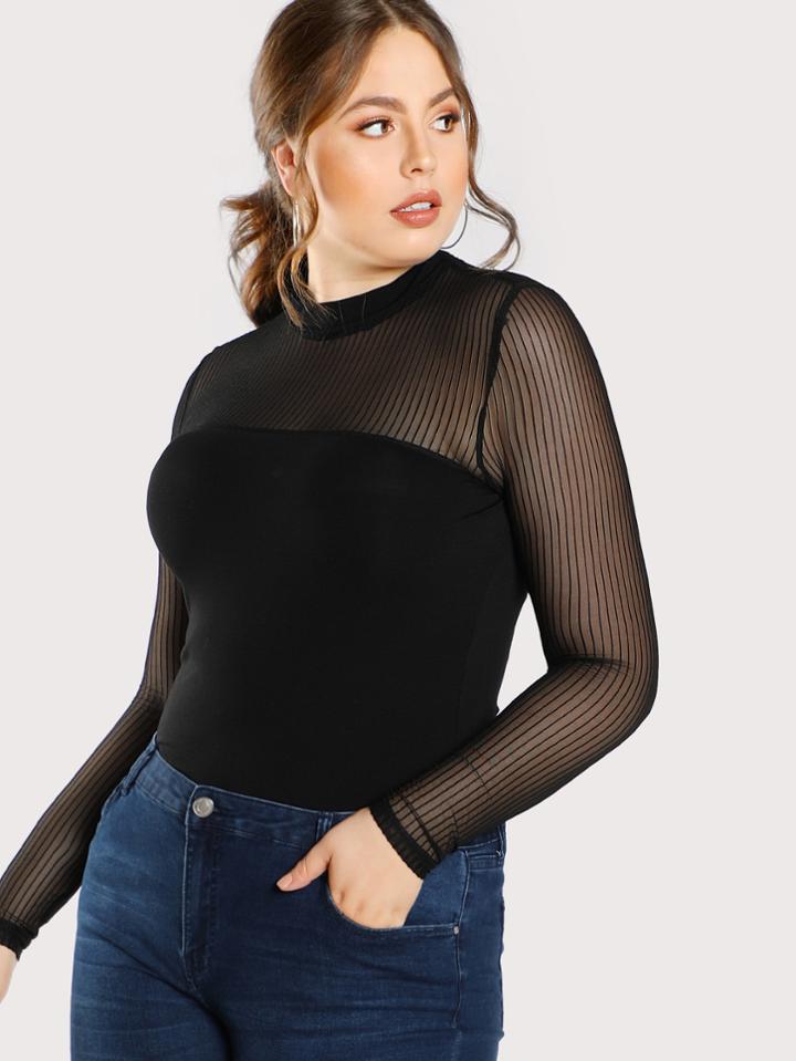 Romwe Illusion Neck Mesh Slim Fit Top