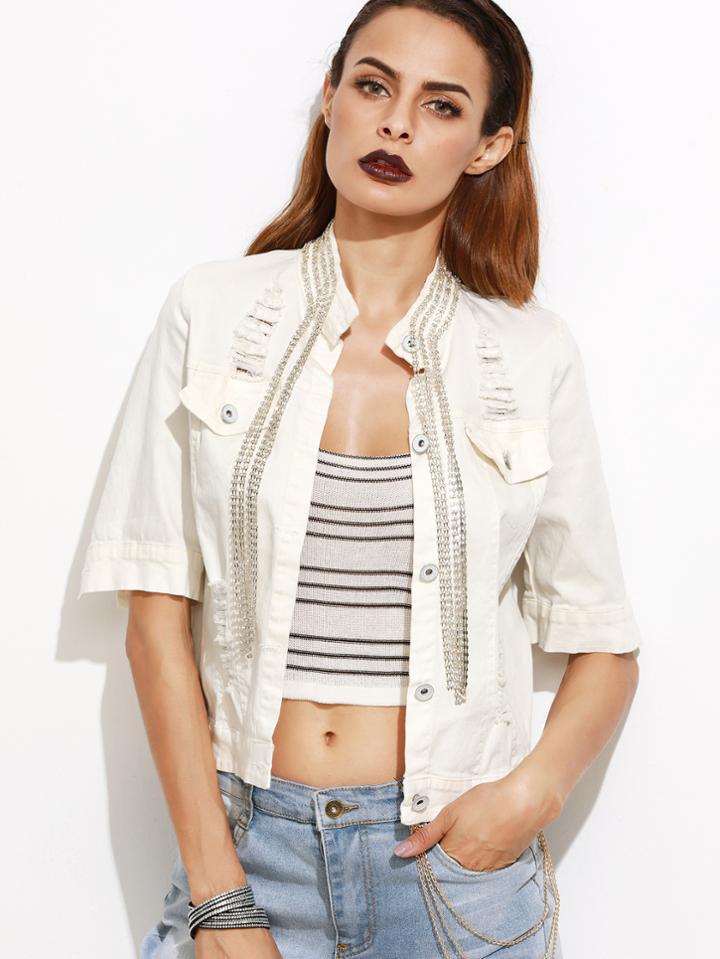 Romwe White Rhinestone Chain Embellished Denim Jacket