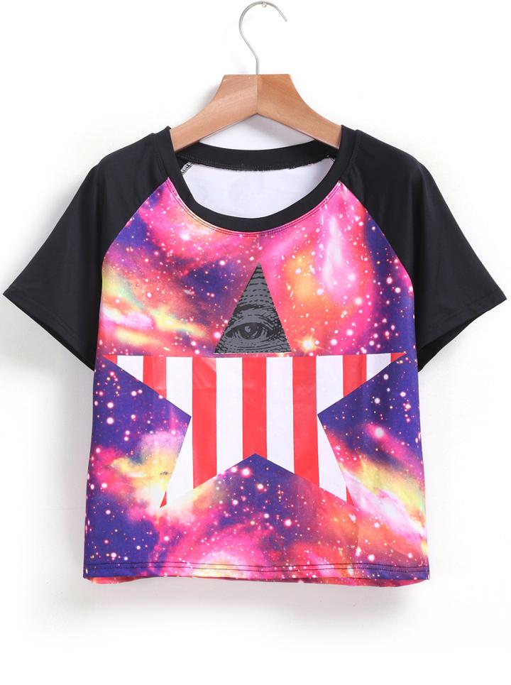 Romwe Contrast Short Sleeve Galaxy Print Red T-shirt