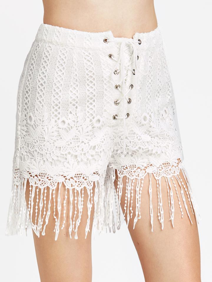 Romwe White Lace Up Fringe Trim Crochet Overlay Shorts