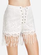 Romwe White Lace Up Fringe Trim Crochet Overlay Shorts