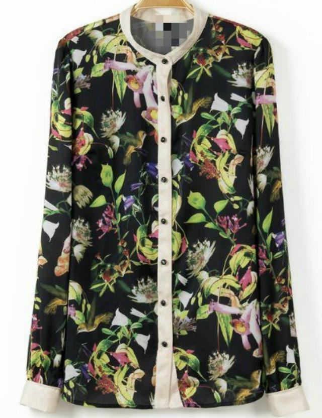 Romwe Black Long Sleeve Rainforest Print Blouse