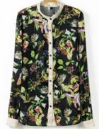 Romwe Black Long Sleeve Rainforest Print Blouse