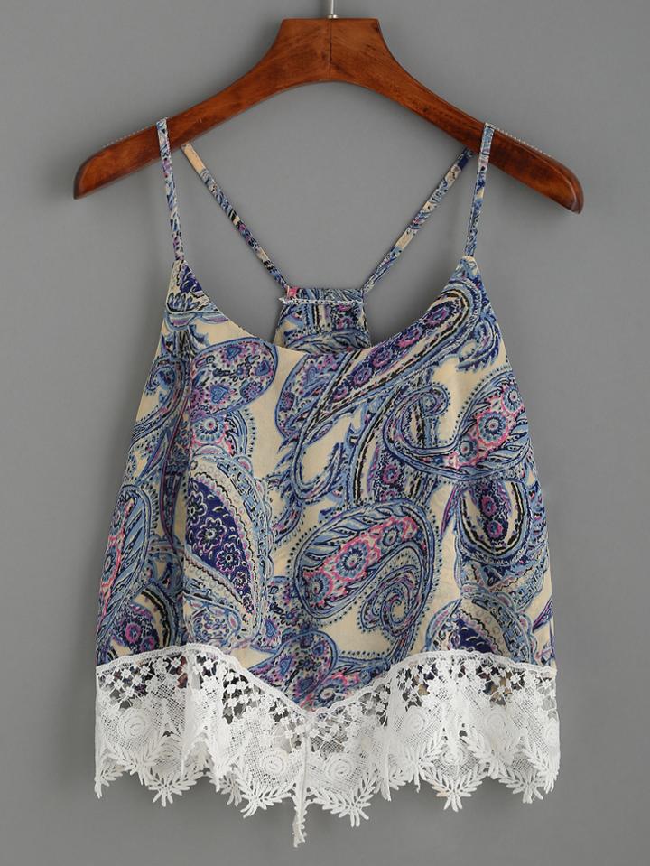 Romwe Multicolor Paisley Print Contrast Lace Hem Cami Top