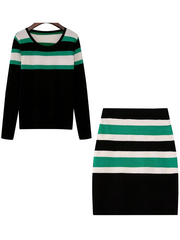 Romwe Long Sleeve Striped Sweater With Knit Black Skirt