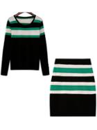 Romwe Long Sleeve Striped Sweater With Knit Black Skirt