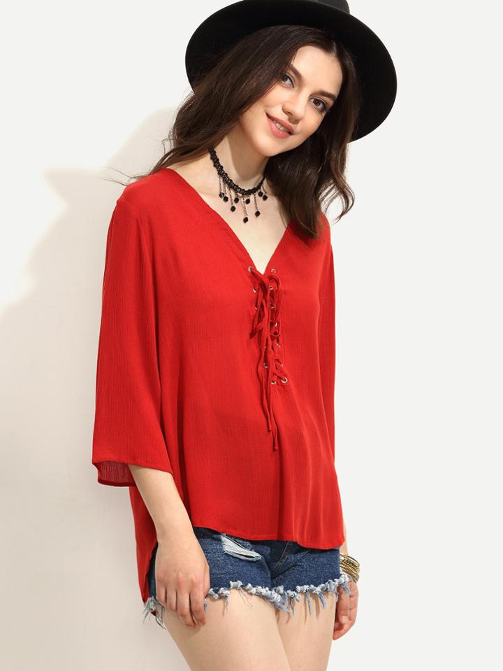 Romwe Red V Neck Lace Up Top