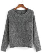Romwe Round Neck Pocket Loose Grey Sweater