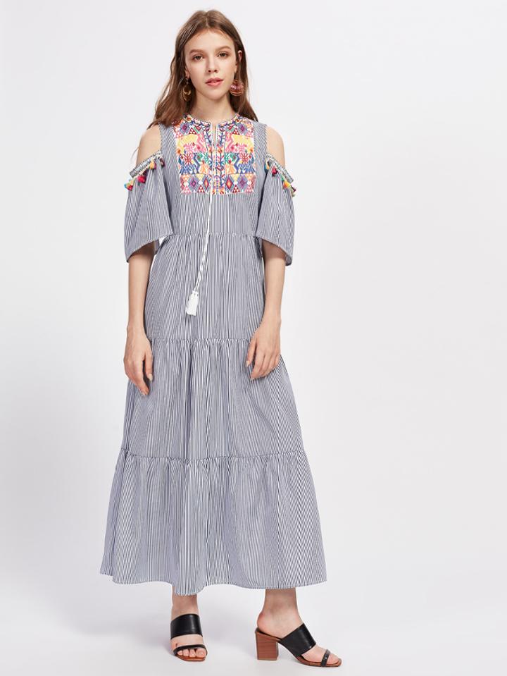 Romwe Tribal Embroidered Detail Pinstripe Fringe Dress