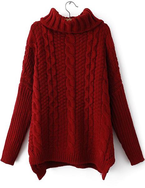 Romwe Red High Neck Long Sleeve Cable Knit Sweater