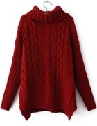 Romwe Red High Neck Long Sleeve Cable Knit Sweater