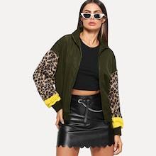 Romwe Zip Up Contrast Leopard Sleeve Jacket