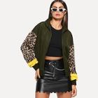 Romwe Zip Up Contrast Leopard Sleeve Jacket