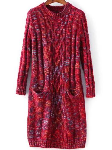 Romwe Long Sleeve Pockets Red Sweater Dress