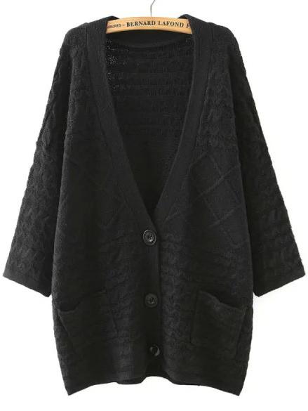 Romwe Pockets Buttons Dolman Black Coat