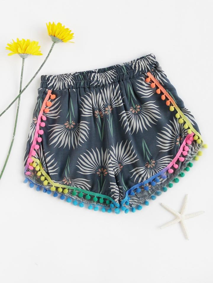Romwe Printed Pom Pom Trim Shorts