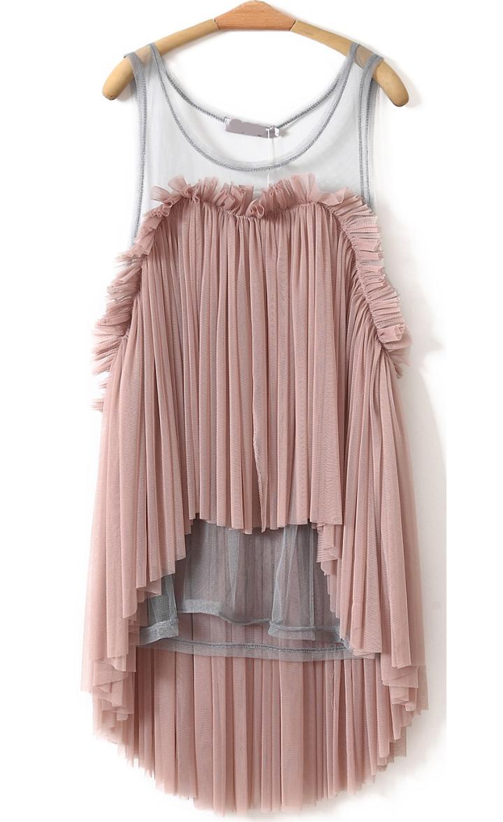 Romwe Sheer Mesh Pleated Dipped Hem Blouse