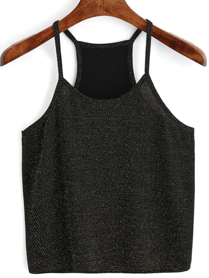 Romwe Black Spaghetti Strap Glittery Cami Top
