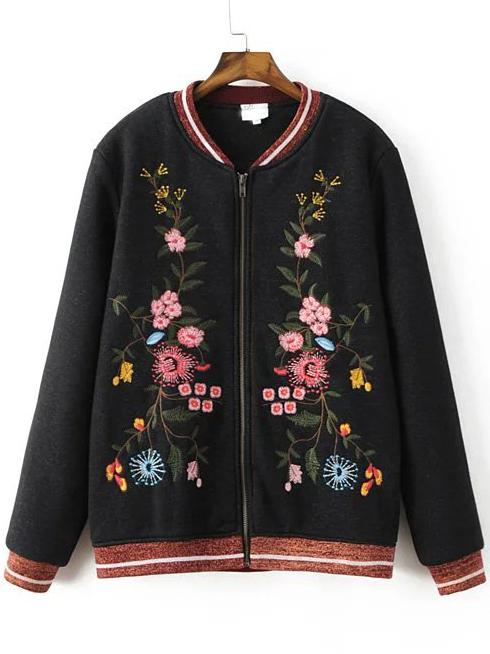 Romwe Black Embroidery Contrast Trim Zipper Jacket