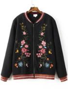 Romwe Black Embroidery Contrast Trim Zipper Jacket