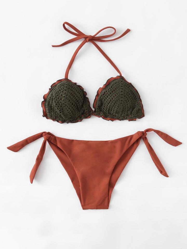 Romwe Lettuce Side Halter Bikini Set