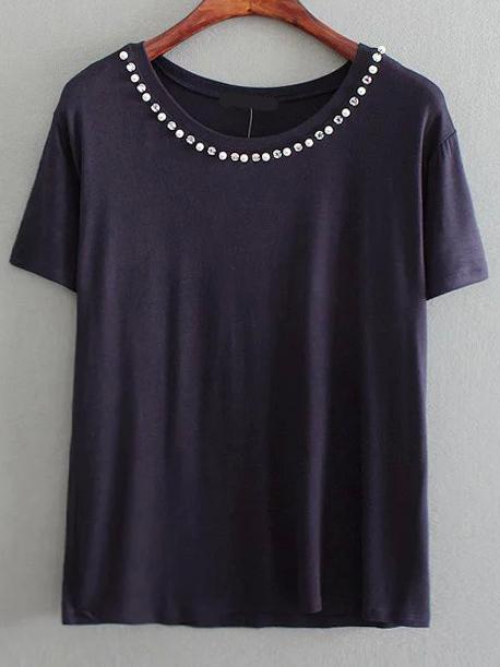 Romwe Crew Neck Beaded T-shirt