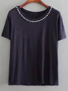 Romwe Crew Neck Beaded T-shirt