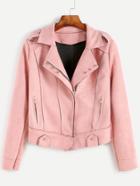 Romwe Pink Suede High Low Zip Jacket With Studded