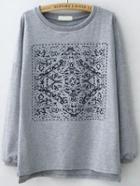 Romwe Dip Hem Vintage Print Grey Sweatshirt