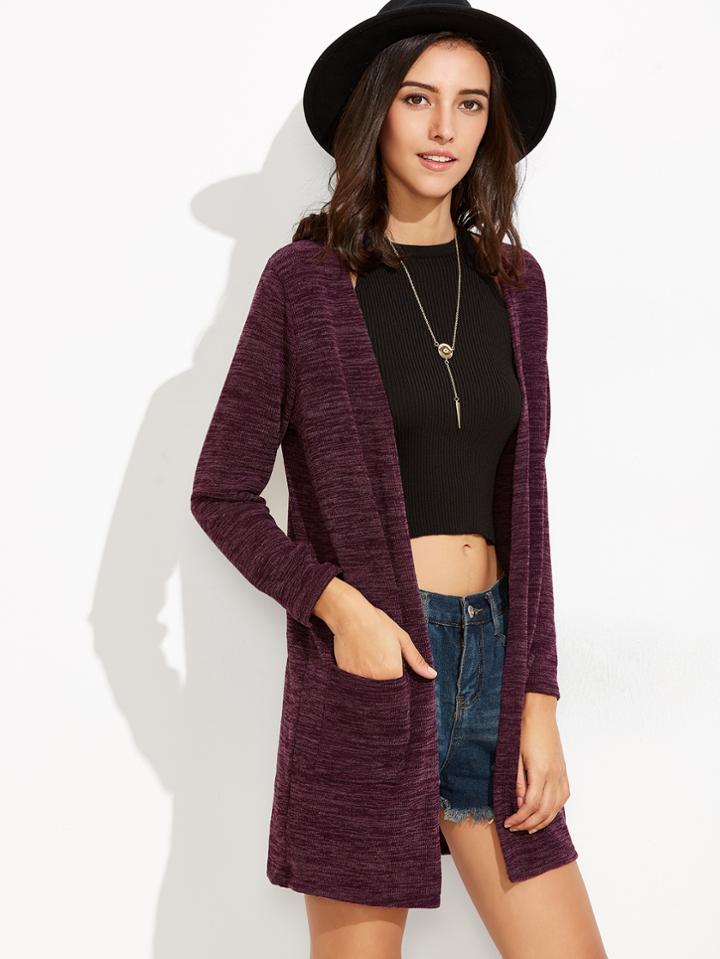 Romwe Purple Pockets Long Cardigan