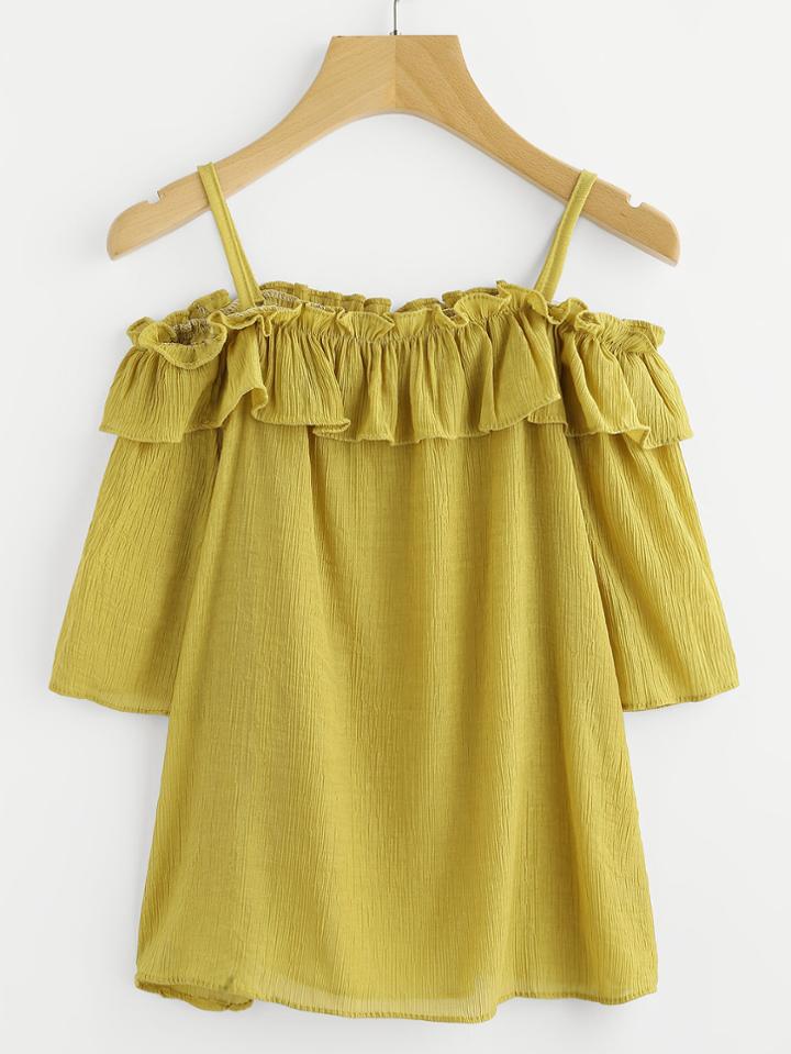 Romwe Open Shoulder Frill Trim Pleated Blouse