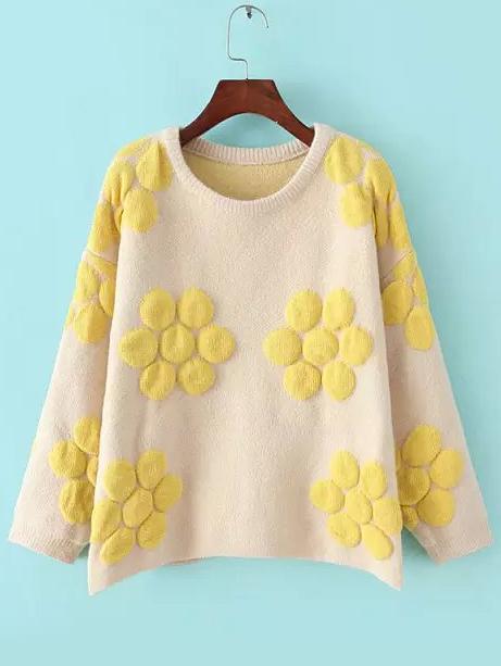Romwe Flower Embossed Loose Yellow Sweater