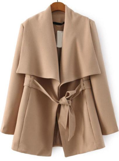 Romwe Lapel Self-tie Khaki Coat