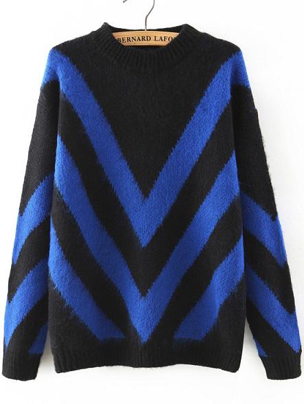 Romwe Crew Neck Wave Pattern Blue And Black Sweater