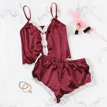 Romwe Contrast Lace Satin Cami Top With Shorts 2pack