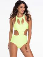 Romwe Cutout Racerback One-piece Swimwear - Fluorescent Yellow